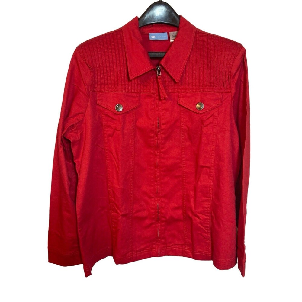 Koret Red Jean Blazer‎ Jacket Womens Size Large Zipper Front Shoulder Pads